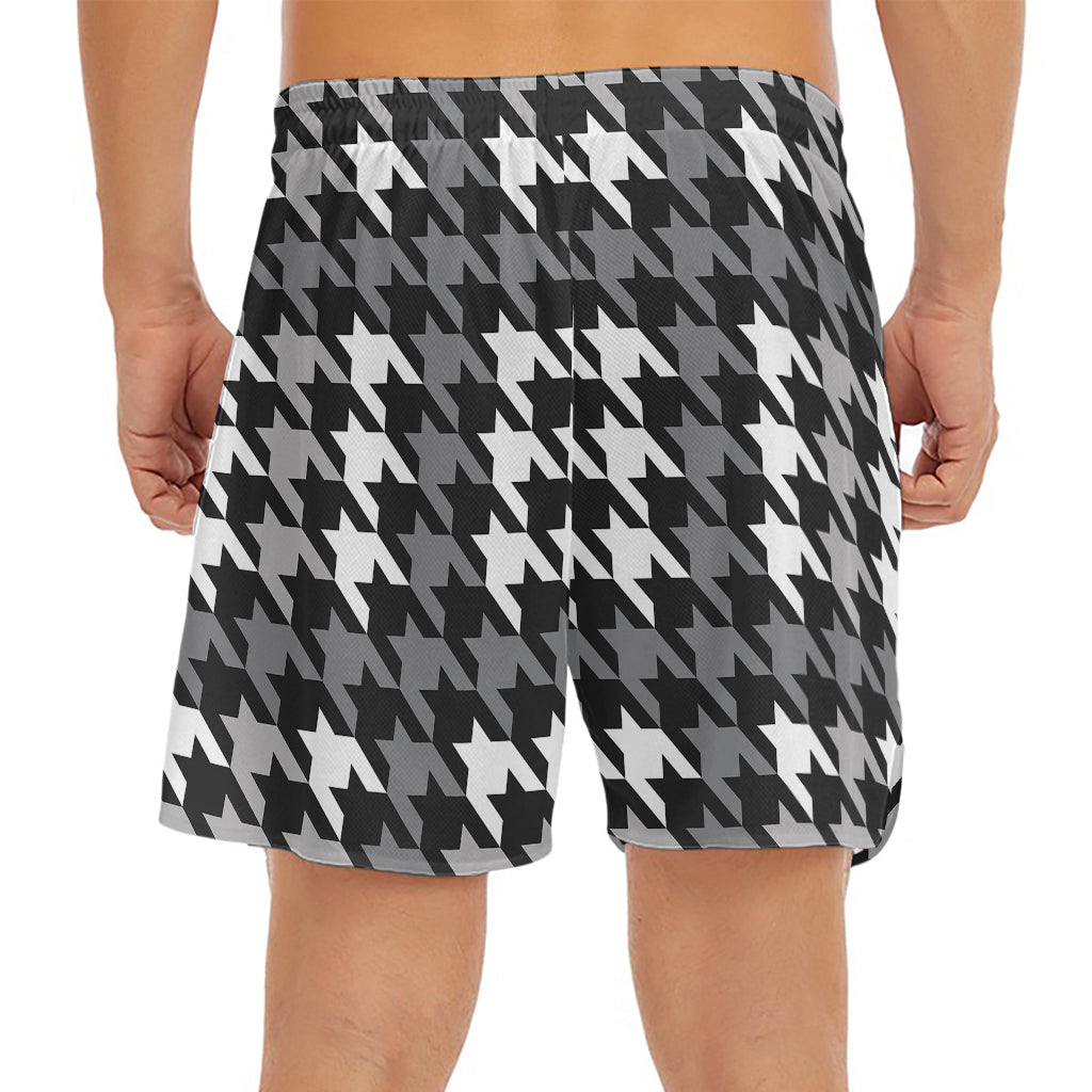 Grey Houndstooth Pattern Print Men's Split Running Shorts