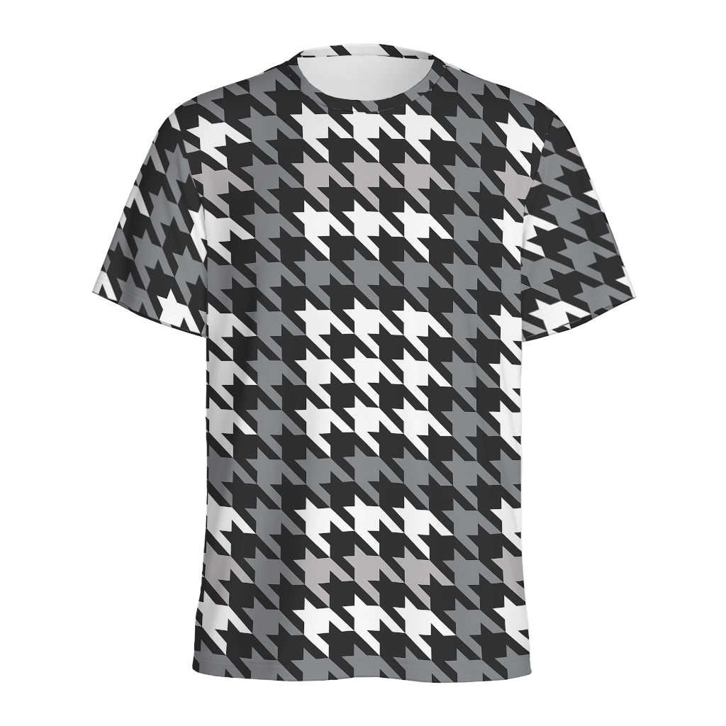Grey Houndstooth Pattern Print Men's Sports T-Shirt