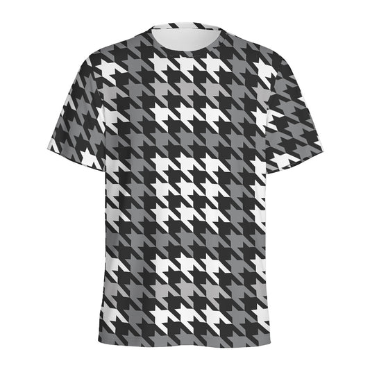 Grey Houndstooth Pattern Print Men's Sports T-Shirt