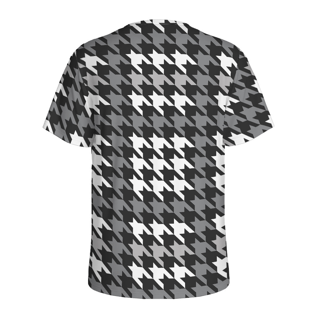 Grey Houndstooth Pattern Print Men's Sports T-Shirt