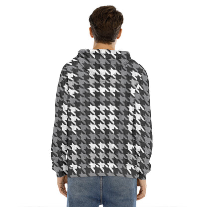 Grey Houndstooth Pattern Print Men's Velvet Pullover Hoodie