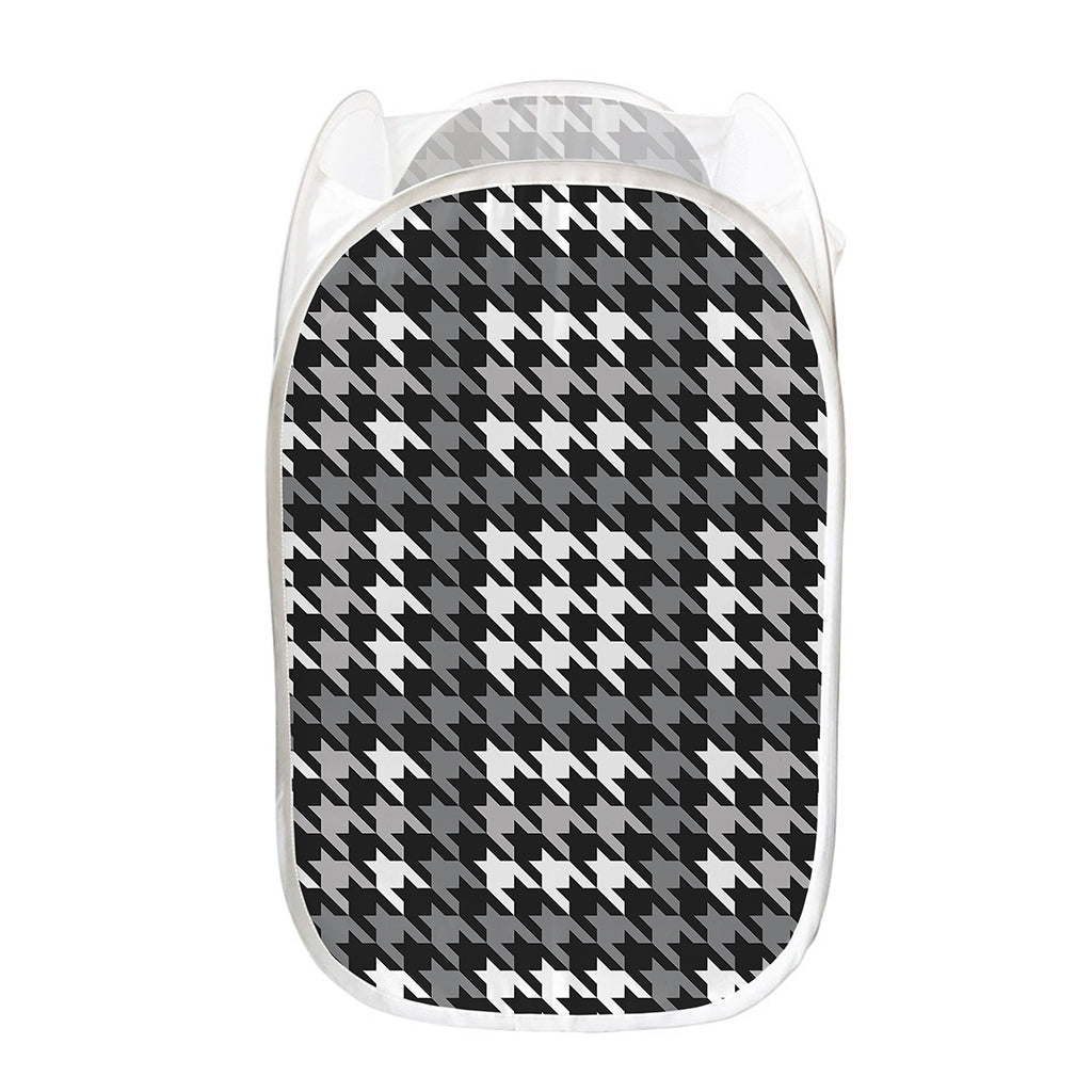 Grey Houndstooth Pattern Print Mesh Laundry Hamper