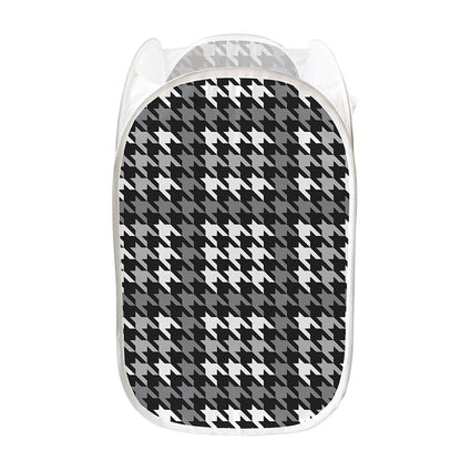 Grey Houndstooth Pattern Print Mesh Laundry Hamper
