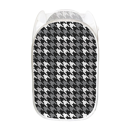 Grey Houndstooth Pattern Print Mesh Laundry Hamper