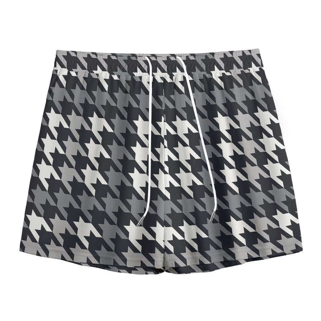 Grey Houndstooth Pattern Print Mesh Shorts
