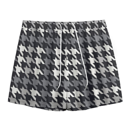 Grey Houndstooth Pattern Print Mesh Shorts