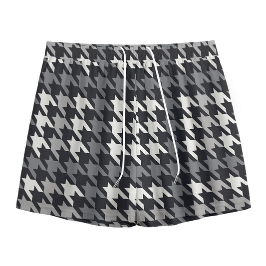Grey Houndstooth Pattern Print Mesh Shorts