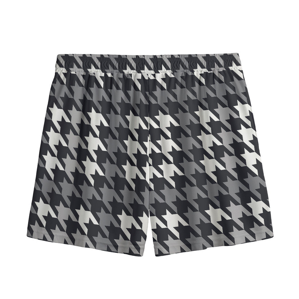 Grey Houndstooth Pattern Print Mesh Shorts
