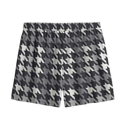 Grey Houndstooth Pattern Print Mesh Shorts