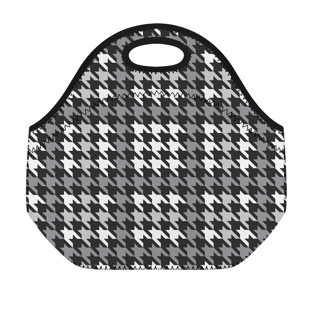 Grey Houndstooth Pattern Print Neoprene Lunch Bag