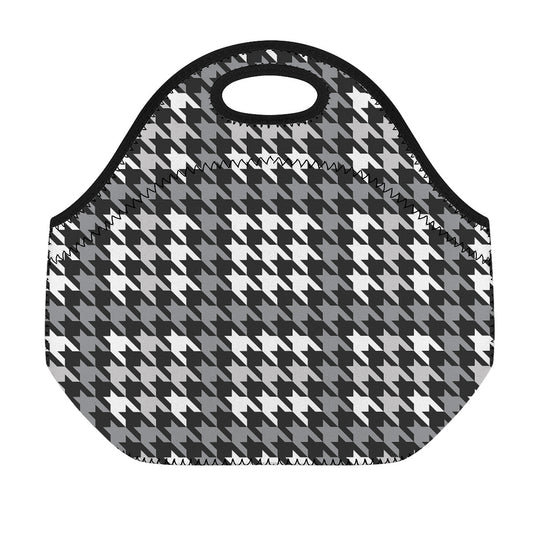 Grey Houndstooth Pattern Print Neoprene Lunch Bag