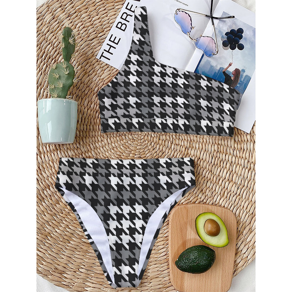 Grey Houndstooth Pattern Print One Shoulder Bikini Top