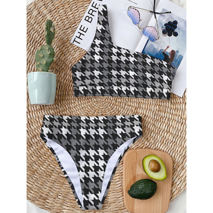 Grey Houndstooth Pattern Print One Shoulder Bikini Top