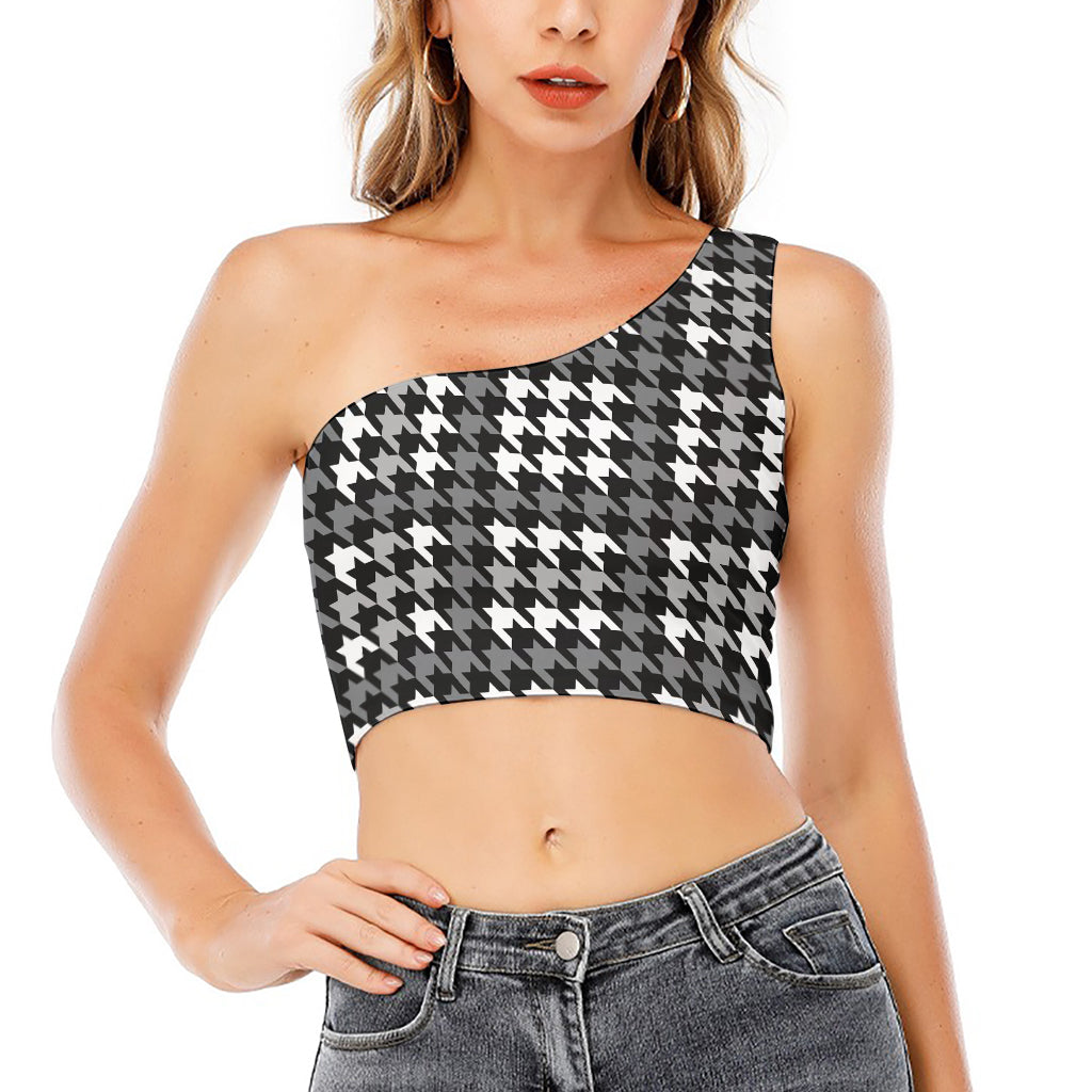 Grey Houndstooth Pattern Print One Shoulder Crop Top