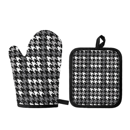 Grey Houndstooth Pattern Print Oven Mitt And Pot Holder Set