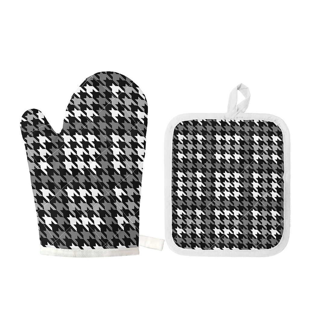 Grey Houndstooth Pattern Print Oven Mitt And Pot Holder Set