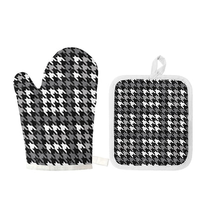 Grey Houndstooth Pattern Print Oven Mitt And Pot Holder Set