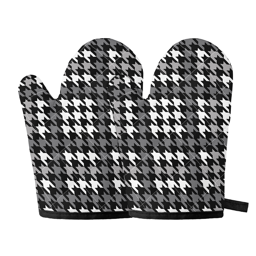Grey Houndstooth Pattern Print Oven Mitts