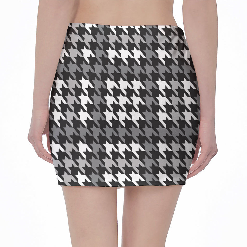 Grey Houndstooth Pattern Print Pencil Mini Skirt