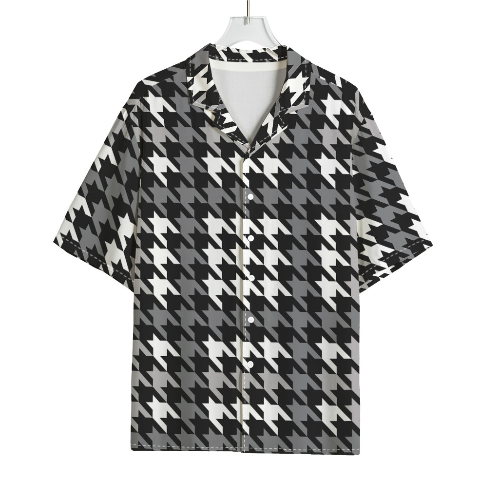 Grey Houndstooth Pattern Print Rayon Hawaiian Shirt