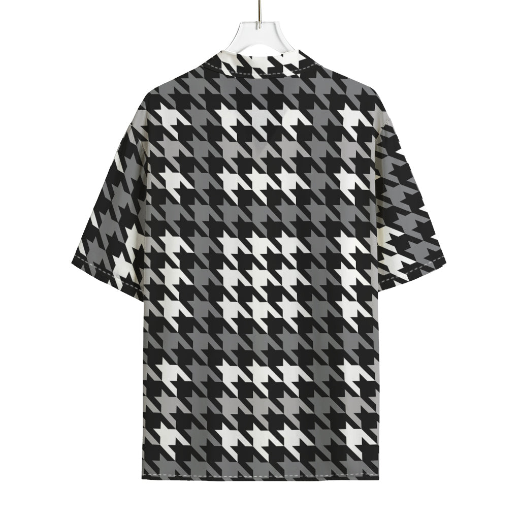 Grey Houndstooth Pattern Print Rayon Hawaiian Shirt