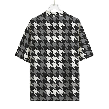 Grey Houndstooth Pattern Print Rayon Hawaiian Shirt