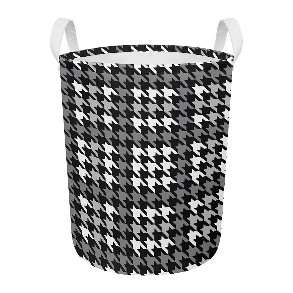 Grey Houndstooth Pattern Print Round Laundry Basket
