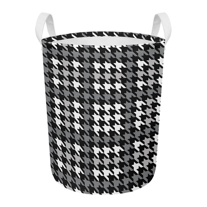 Grey Houndstooth Pattern Print Round Laundry Basket