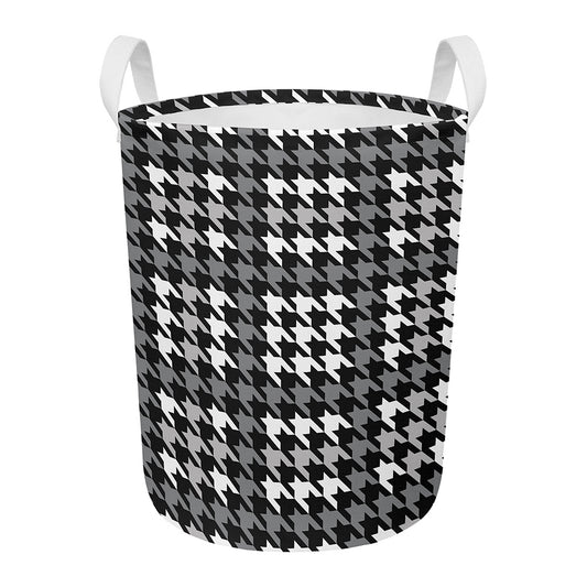 Grey Houndstooth Pattern Print Round Laundry Basket