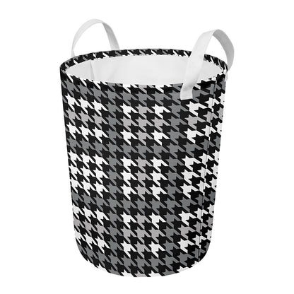 Grey Houndstooth Pattern Print Round Laundry Basket