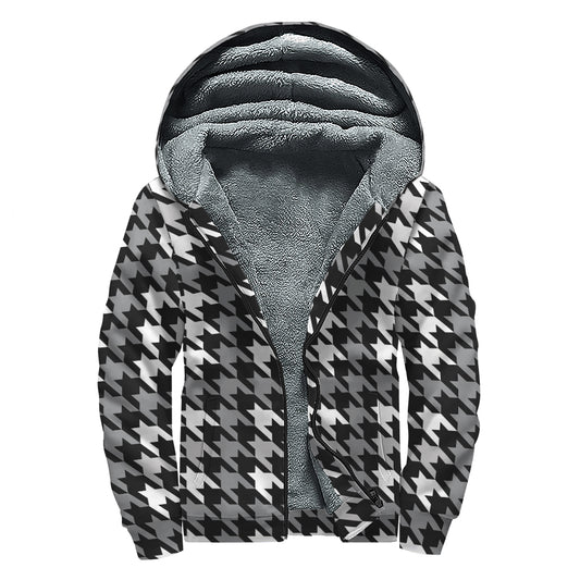 Grey Houndstooth Pattern Print Sherpa Lined Zip Up Hoodie