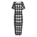 Grey Houndstooth Pattern Print Short Sleeve Long Nightdress