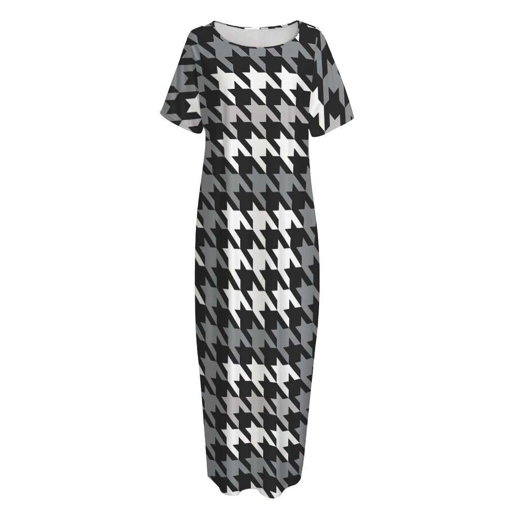 Grey Houndstooth Pattern Print Short Sleeve Long Nightdress