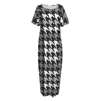 Grey Houndstooth Pattern Print Short Sleeve Long Nightdress