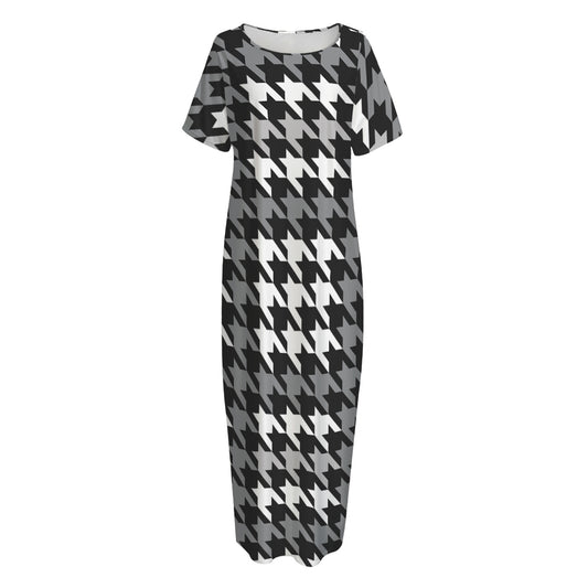 Grey Houndstooth Pattern Print Short Sleeve Long Nightdress