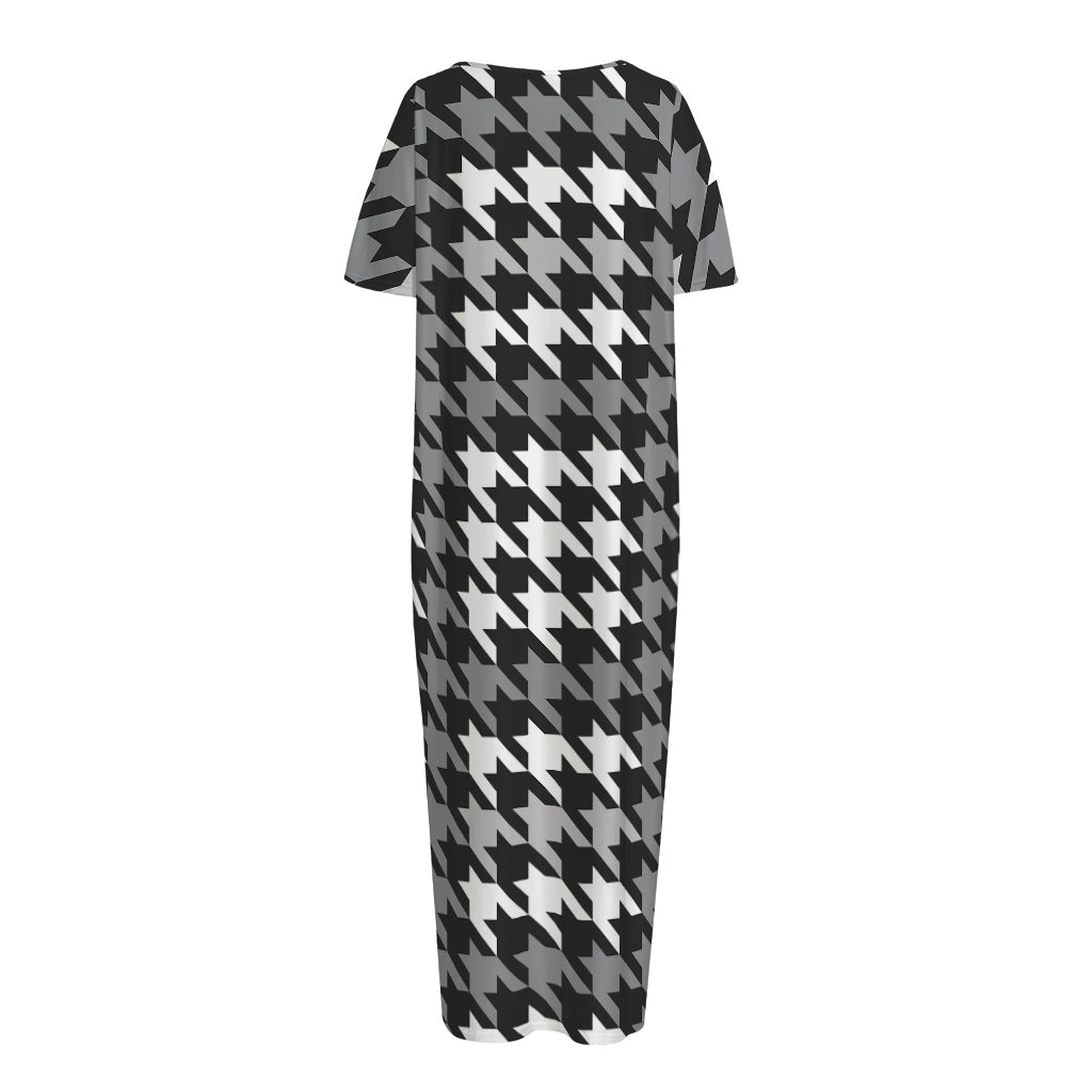 Grey Houndstooth Pattern Print Short Sleeve Long Nightdress