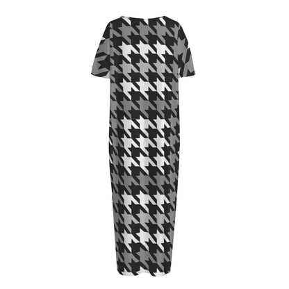 Grey Houndstooth Pattern Print Short Sleeve Long Nightdress