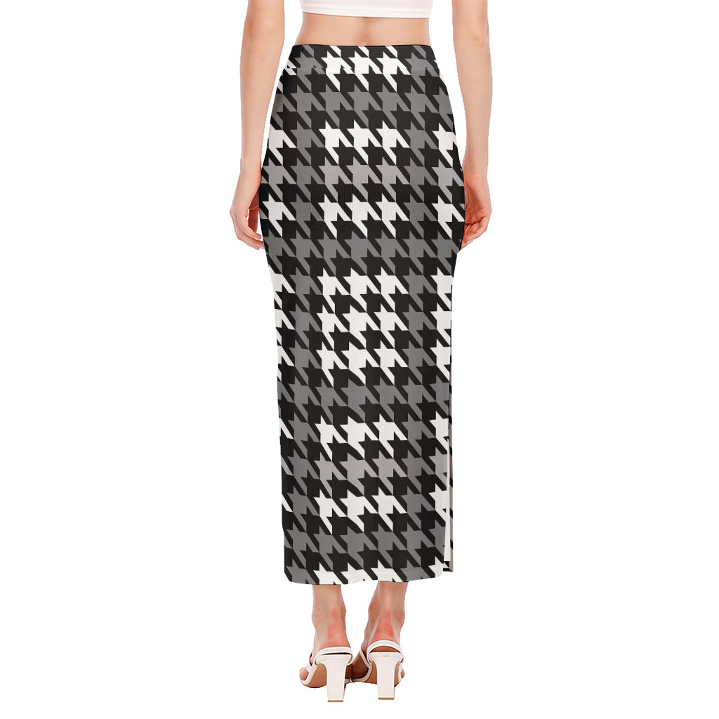 Grey Houndstooth Pattern Print Side Slit Maxi Skirt