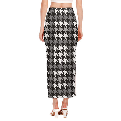 Grey Houndstooth Pattern Print Side Slit Maxi Skirt