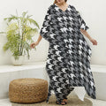 Grey Houndstooth Pattern Print Silk V-Neck Kaftan Dress