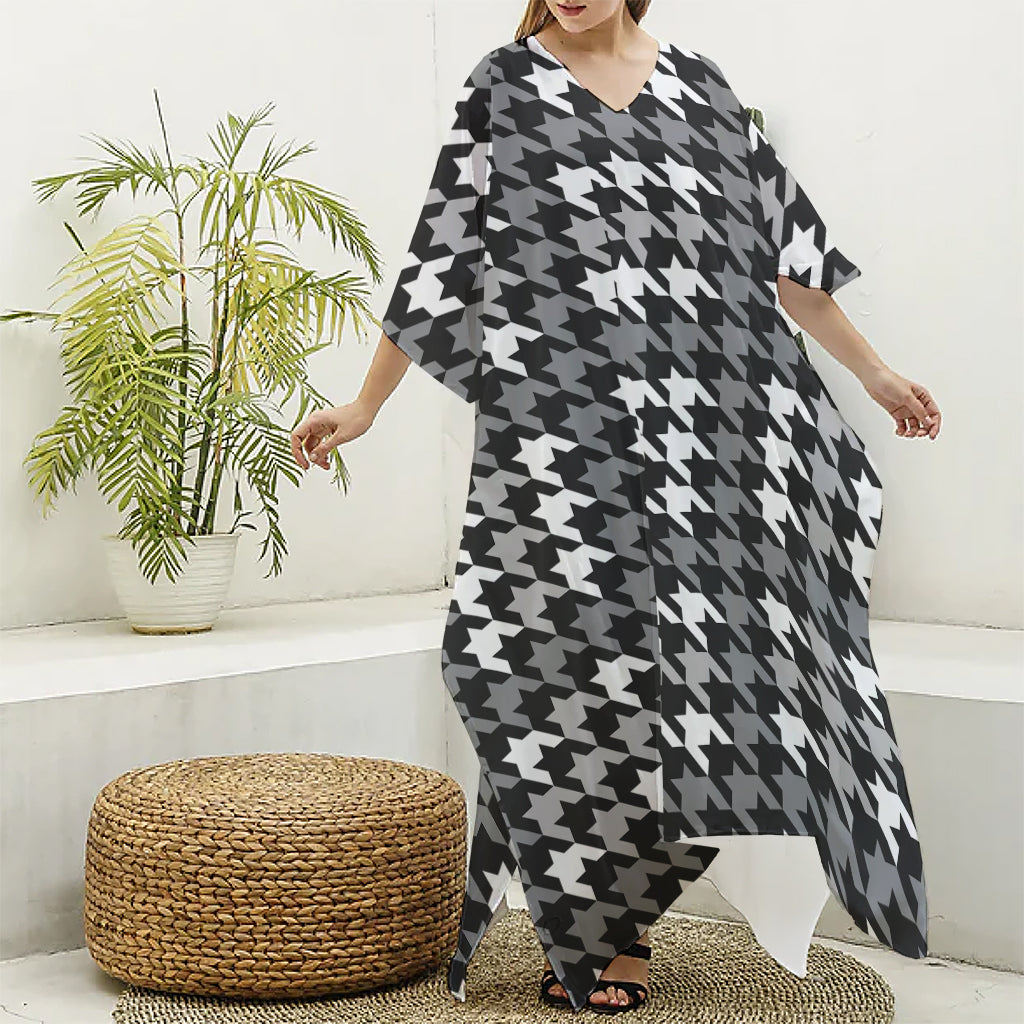 Grey Houndstooth Pattern Print Silk V-Neck Kaftan Dress