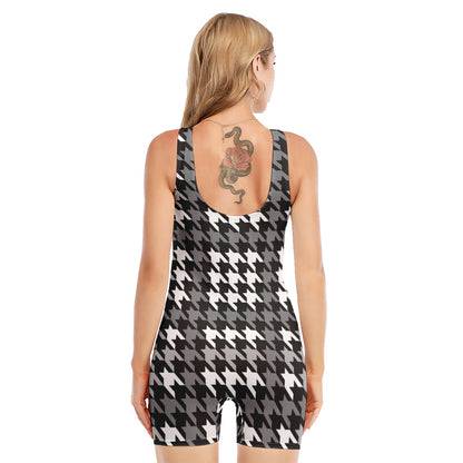 Grey Houndstooth Pattern Print Sleeveless One Piece Swimsuit
