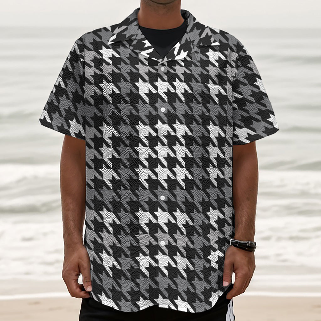 Grey Houndstooth Pattern Print Textured Short Sleeve Shirt