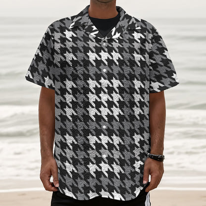 Grey Houndstooth Pattern Print Textured Short Sleeve Shirt
