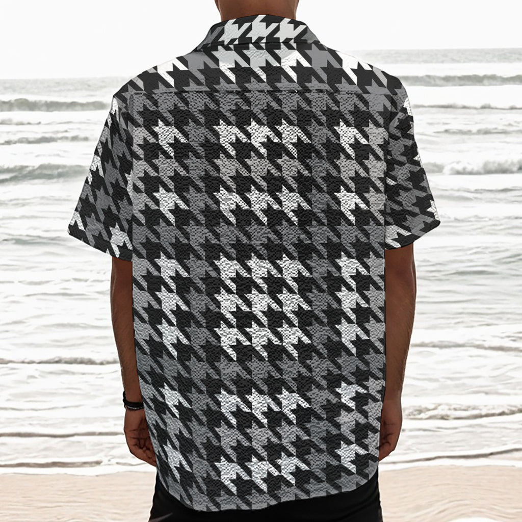Grey Houndstooth Pattern Print Textured Short Sleeve Shirt
