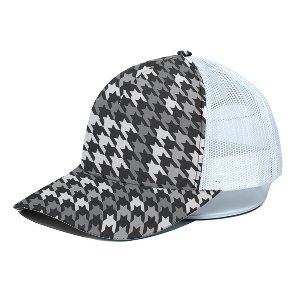 Grey Houndstooth Pattern Print White Mesh Trucker Cap