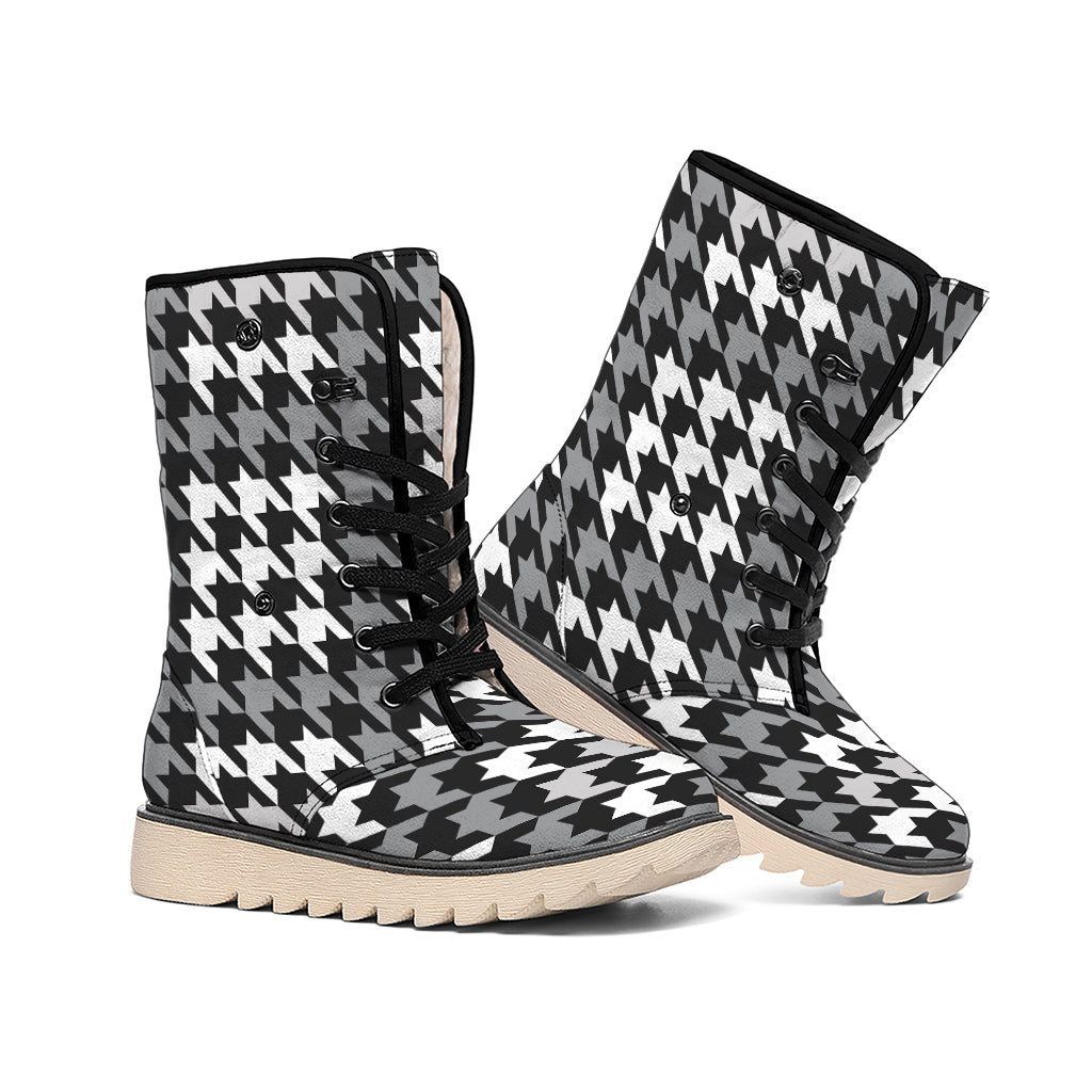 Grey Houndstooth Pattern Print Winter Boots