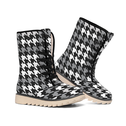 Grey Houndstooth Pattern Print Winter Boots