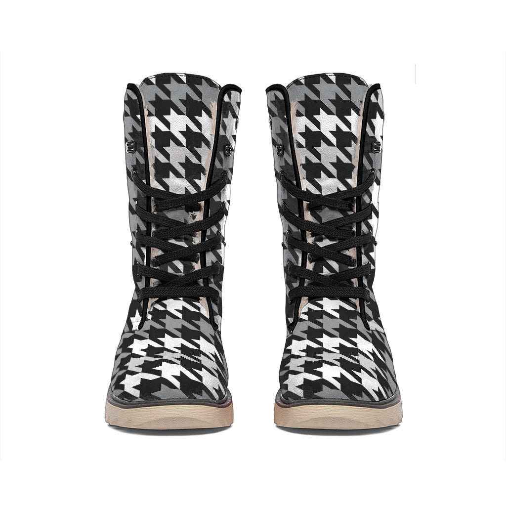 Grey Houndstooth Pattern Print Winter Boots