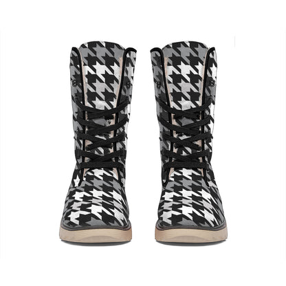 Grey Houndstooth Pattern Print Winter Boots